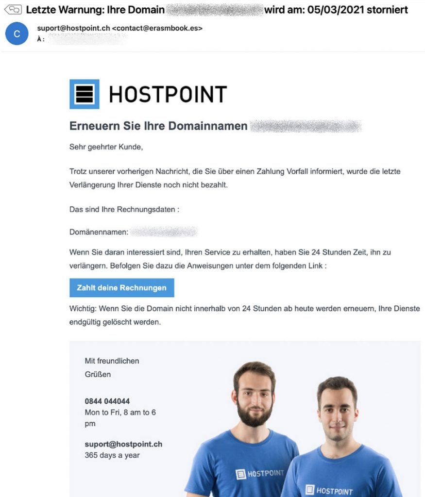 Beispiel Phishing E-Mail - Fake Hostinganbieter aus der Schweiz